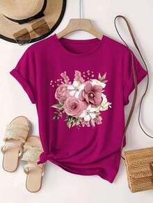 Plus Size - Plus Size - 0-8XL Plus Size Casual Fashion Printed T-Shirt Women's Clothing, Modern Base Layer Daily Outing Casual Wear For All Seasons Short Sleeve T-Shirt Multicolor Optional Women's Soft Pink Floral Anime T-Shirt - Pastel Pink Blouse - 紅玫瑰 - 查看 6