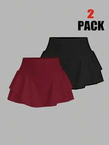 2 piezas Falda pantalón deportiva minimalista de unicolor para uso casual y diario de mujer, faldas cortas de verano, conjunto de 2 faldas pantalón, faldas de tenis para mujer - Burdeos - Ver 5