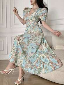 Vestido de mujer de ajuste ceñido con cuello cruzado, botones de perlas y mangas abullonadas - Multicolor 2 - Ver 1