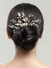 1pc Women's Elegant Handmade Alloy Leaf & Ceramic Flower Faux Pearl Hair Comb, Bridal Wedding Party Accessory - Silver - View 6