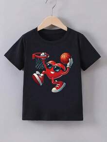 [Printed Design – No Texture] Children's Casual Valentine's Day Themed T-Shirt, Crew Neck T-Shirt With Heart Playing Basketball Pattern, Soft And Comfortable, Lightweight And Breathable, Suitable For Sports, Outdoor Casual Wear, Stylish And Fashionable Outfit, Gift Clothing For Children, Suitable For Spring, Summer And Autumn Seasons, As Well As For St. Patrick's Day, Easter, Independence Day And Other Festive Occasions, Gifts For Soccer Fans And Sports Parties. Pure Cotton Short-Sleeved T-Shirt, Suitable For Ages 2-16 Years. - 黑色 - 查看 6