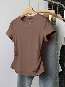 Explorewe 5pcs/Set Teenage Girls' Solid Color Short Sleeve T-Shirt With Ruched Side, Casual, Suitable For School, Outing, Campus Life, Ins Style Top Teen Girls T Shirts Teen Girl Clothes Pack Of Tops - 多色 6 - 查看 11
