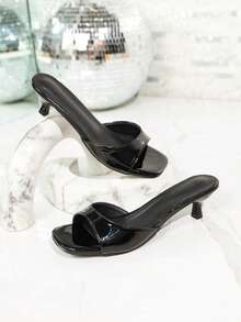 Women's Patent Leather Kitten Heel Mule Sandals, Open Toe Slip-On Elegant Low Heel Party & Casual Shoes - Black - View 1
