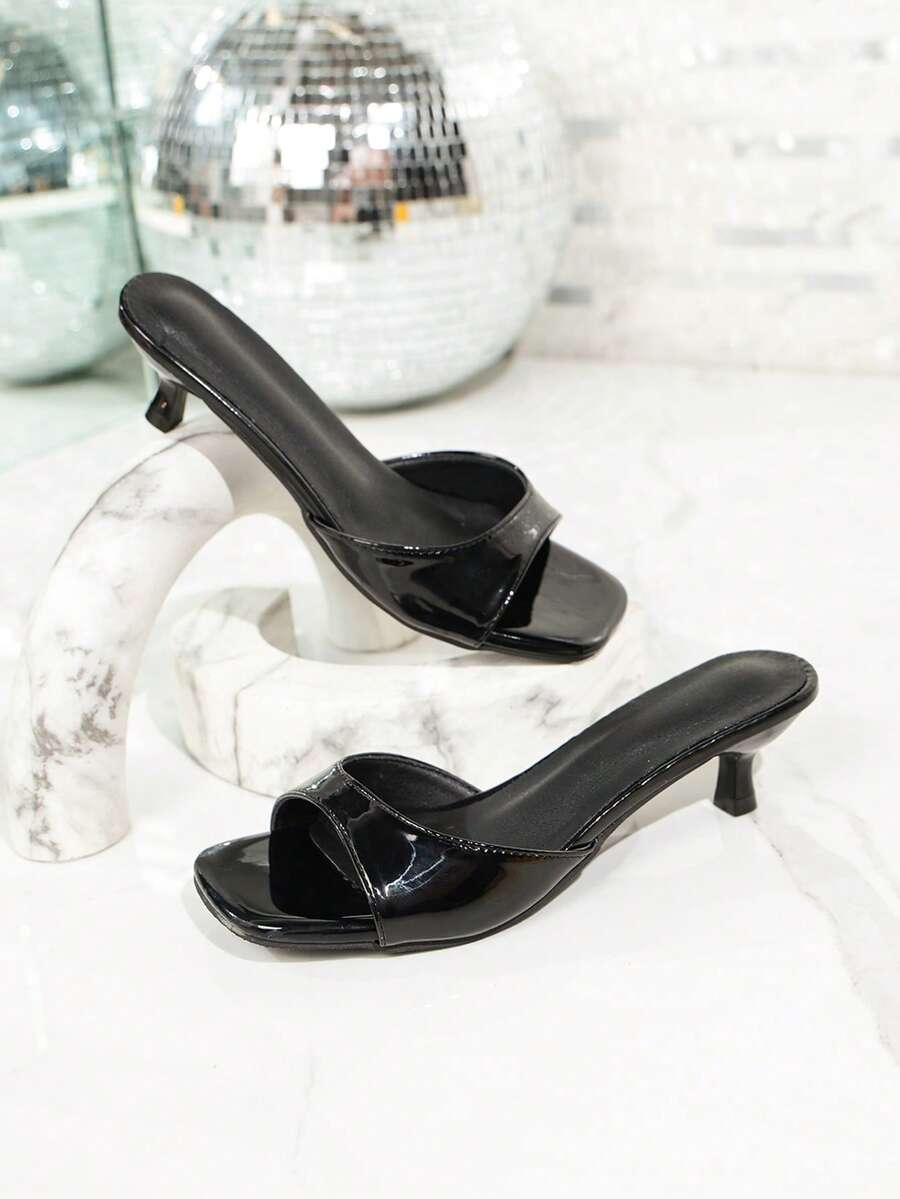Women's Patent Leather Kitten Heel Mule Sandals, Open Toe Slip-On Elegant Low Heel Party & Casual Shoes - Black - View 1