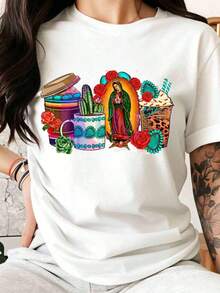 Camiseta de diseño con motivos de la Virgen de Guadalupe, cactus y bebidas, inspirada en la cultura mexicana. Talla grande, adecuada para uso casual y deportivo. Arte colorido de inspiración mexicana con elementos religiosos y naturales. Camiseta de talla grande, adecuada para uso casual y deportivo. Motivo tradicional mexicano con la Virgen de Guadalupe, cactus y bebidas tropicales. Camiseta de talla grande, adecuada para uso casual y deportivo. Tema festivo mexicano con iconos religiosos y plantas del desierto. Camiseta de talla grande, adecuada para uso casual y deportivo. Diseño cultural mexicano con la Virgen de Guadalupe y patrones vibrantes. Camiseta de talla grande, adecuada para uso casual y deportivo. - Blanco - Ver 1