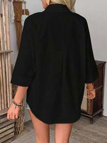 Camisa de manga de murciélago de unicolor casual de vacaciones - Negro - Ver 2