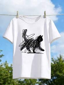 Nueva Camiseta de Manga Corta con Cuello Redondo, Estilo Pintado a Mano con Patrón de Gato, Estampado Suave y Animado, Elegante y a, Estilo Y2K, Camiseta Casual Deportiva para Mujer, Sin Cuello en V, Tallas S-XXL - Blanco - Ver 3