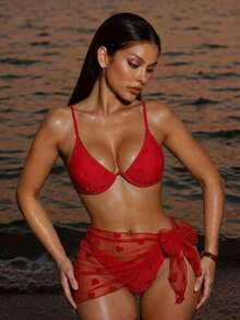 Swim  3 piezas Conjunto de sujetador con aros con estampado de corazones y Bottom tipo bikini y falda cubrepantalones, traje de baño de playa de verano - Rojo - Ver 1