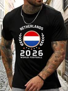Men's Unisex Dutch National Team T-Shirt, Orange Edition, Featuring A Laurel Wreath Print And The 2026 Netherlands Football Flag. Comfortable And Simple, Perfect For Everyday Wear By Fans. Children's Casual Printed Short-Sleeved T-Shirt, 100% Cotton, Breathable, Crew Neck, Suitable For School, Outdoor Sports, And Casual Wear. - 黑色 - 查看 7