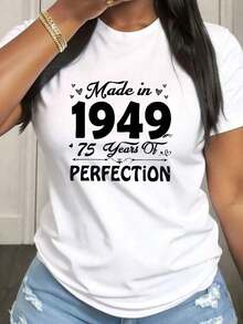 Camiseta de talla grande para mujer 1949, informal, de manga corta y cuello redondo, con tela de elasticidad media, adecuada para atuendos casuales de primavera, verano y otoño, lavable a máquina, diseño divertido. - Blanco - Ver 7