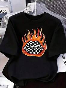 Camiseta de manga corta para mujer, con estampado de labios a cuadros y llamas, cuello redondo, de poliéster, ideal para uso diario, salidas urbanas y eventos informales, estilo rock, para primavera y verano, Envío nacional en México. - Negro - Ver 1