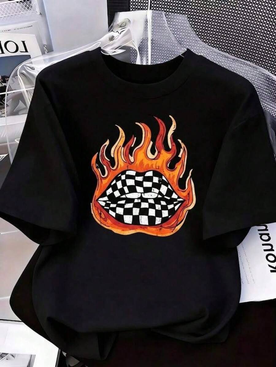Camiseta de manga corta para mujer, con estampado de labios a cuadros y llamas, cuello redondo, de poliéster, ideal para uso diario, salidas urbanas y eventos informales, estilo rock, para primavera y verano, Envío nacional en México. - Negro - Ver 1
