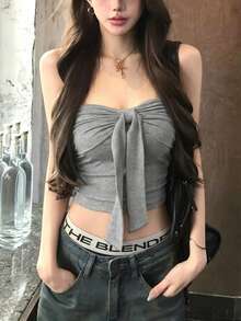Áo croptop quây buộc nơ, áo vest không tay dáng ôm thoải mái cho mùa hè - Xám - Xem 2
