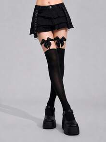 1 Pair Women's Black Fishnet Thigh High Stockings, Leopard Print Top Over-The-Knee Socks, Sexy Stretch Mesh Hosiery For Party, Club, Date Night & Daily Wear - Black - View 4
