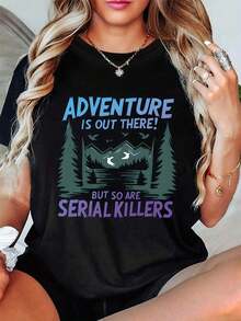 100% algodón puro Talla Grande, Camiseta Divertida para Mujer con Estampado Gráfico de Montaña y Bosque "LA AVENTURA ESTÁ AHÍ FUERA", Manga Corta, Cuello Redondo, Estilo Casual para Verano y Primavera, Ropa de Mujer - Negro - Ver 1