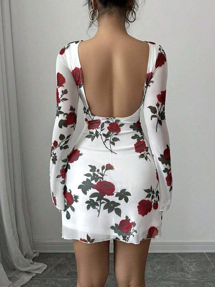 Vestido corto ajustado con malla, mangas acampanadas y espalda descubierta con estampado floral para mujeres - Multicolor - Ver 1