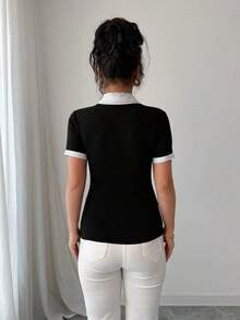 Camiseta casual de negocios de estilo vintage 2 en 1 para mujer, adecuada para la oficina, temporada de regreso a clases - Blanco y Negro - Ver 2