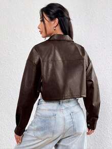 Chaqueta de cuero PU corta de color marrón sólido y minimalista para mujer, de manga larga - Marrón - Ver 2