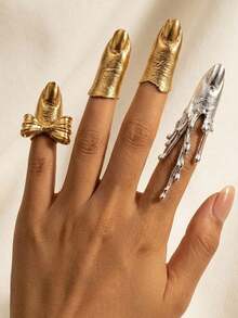 4 piezas Conjunto de anillos góticos y punk para mujeres - Armadura de dedos y anillos de puntas de estilo audaz | Diseños de gotas líquidas de plata fundida y lazos dorados | Joyería de moda ajustable y apilable | Regalo para cosplay, fiestas y eventos especiales - Multicolor - Ver 6