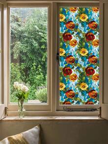 1 Stück verdickte statisch haftende abnehmbare Fensterfolie mit bunten floralen Vintage-Mustern und einer halbtransparenten Textur, die UV-Strahlen effektiv blockiert. Geeignet für Schlafzimmer, Wohnzimmer, Küchen und Badezimmer. PVC halbtransparente mattierte Sichtschutzfolie. - Bunte Rosen - Übersicht 5