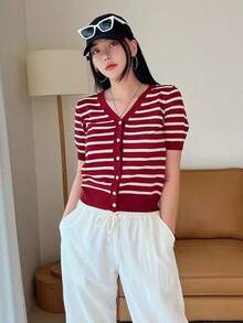 Cárdigan con botones a rayas, blusas de manga corta para verano, ropa de otoño - Rojo y blanco - Ver 3