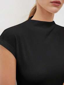 Camiseta de mujer de unicolor con cuello alto y mangas cortas tipo murciélago, casual de negocios para mujeres, uniforme de maestro, ropa de oficina, escuela, top básico, estilo vintage - Negro - Ver 9