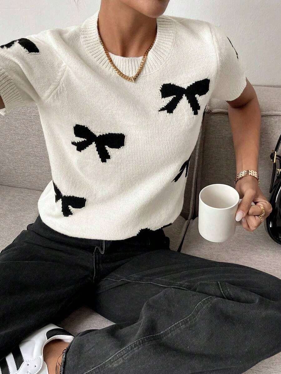 Blusa de punto casual de cuello redondo, manga larga, con detalle de lazo - Blanco - Ver 1