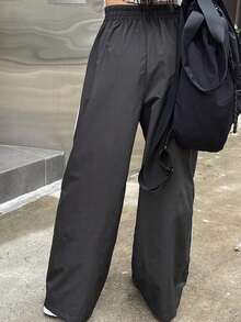 Pantalones casuales de mujer con estampado, cintura con cordón y bolsillos - Gris - Ver 2