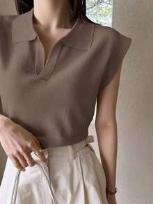 Suéter holgado de punto de unicolor con cuello, estilo casual y de negociospara mujer - Café integral - Ver 2