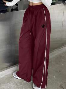 Pantalones casuales de mujer con estampado, cintura con cordón y bolsillos - Rojo - Ver 5