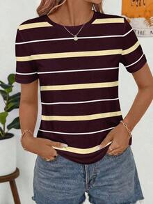 Frenchy Camiseta de manga corta holgada con cuello redondo, estilo asimétrico a rayas, minimalista y casual, versátil, adecuada para primavera/verano y temporada deportiva - Multicolor 16 - Ver 4