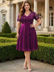 Plus Size Elegant Sequin Lace V-Neck Chiffon Ruffle Trim Evening Party Full Skirt, Wedding Guest Dress, Summer Dress, Suitable For Birthday, Graduation Ceremony, Dinner - Maroon - View 6