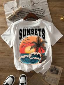 Camiseta Casual de Manga Corta para Mujer - Estampado Retro de Atardecer en la Playa y Palmeras con Texto "Forever Chasing Sunsets", Cuello Redondo Suave y Elástico, Lavable a Máquina, Top de Verano para Looks Informales, Estilo Vintage, Material Elástico, Camisa Estampada, Ropa de Fin de Semana Ideal para todas las estaciones Muy buena calidad Adecuado para todas las ocasiones QDR1 - Blanco - Ver 2
