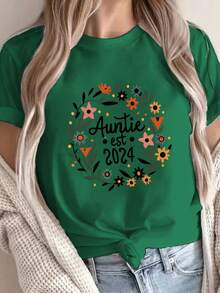 Camiseta de Moda con Estampado de Flores Silvestres - Top Casual de Manga Corta y Cuello Redondo para Mujer |   Fibra de poliéster transpirable, lavable a máquina |   Opción perfecta para primavera y verano, blusa casual para mujer. - Verde - Ver 1