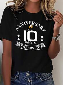 Camiseta de algodón puro para mujer - Edición de celebración del décimo aniversario, top casual y cómodo para celebraciones, lavable a máquina y adecuada para todas las estaciones, ideal como regalo de décimo aniversario para mujeres. - Negro - Ver 1