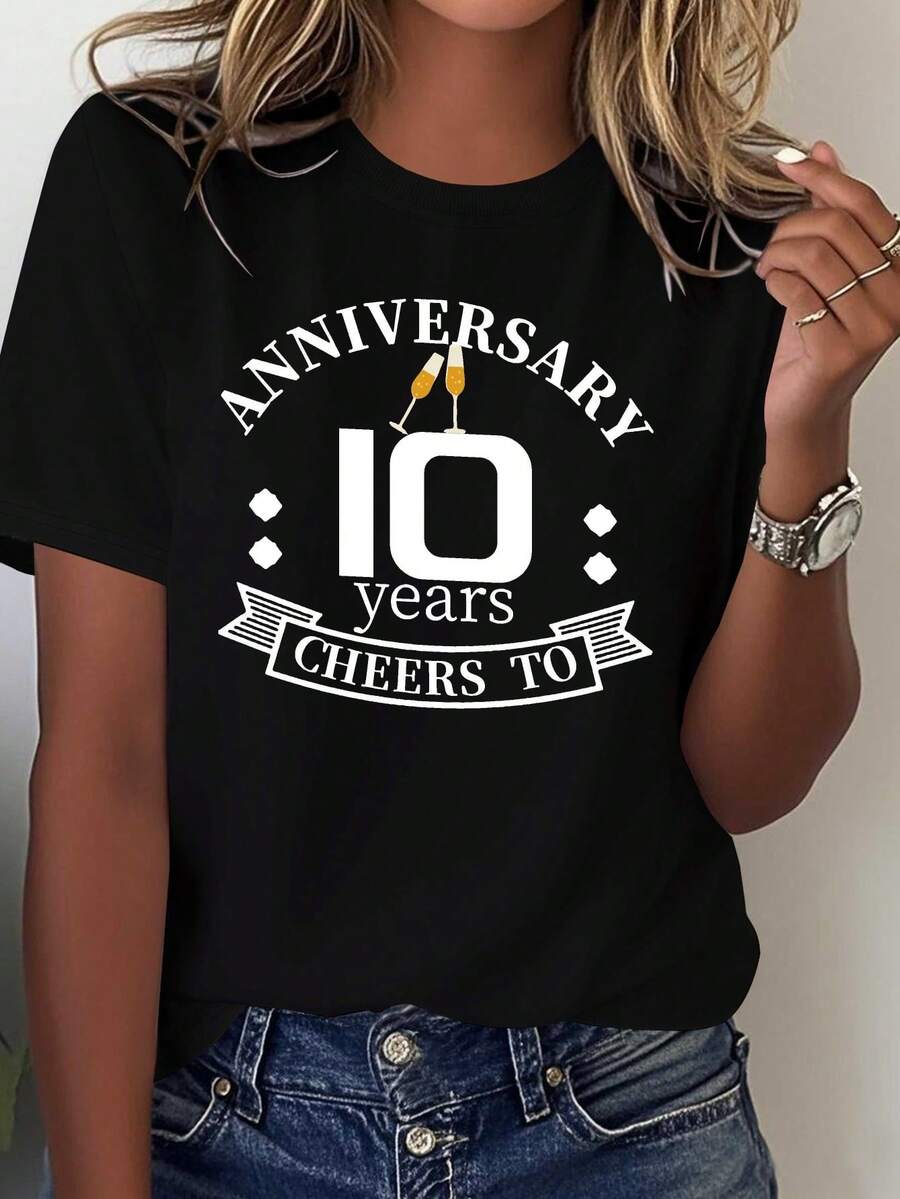 Camiseta de algodón puro para mujer - Edición de celebración del décimo aniversario, top casual y cómodo para celebraciones, lavable a máquina y adecuada para todas las estaciones, ideal como regalo de décimo aniversario para mujeres. - Negro - Ver 1