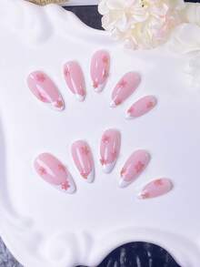 10片手工白色低法式杏仁形美甲貼，粉色花朵與金色珠飾裝飾，簡約粉色設計，時尚優雅，適合女性與女孩在各種場合使用 - 粉色 - 查看 5