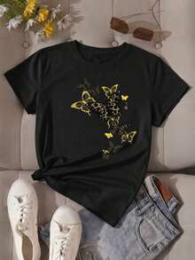 Camiseta de poliéster de manga corta con cuello redondo y estampado de mariposas para mujer, perfecta para el uso diario en otoño. - Negro - Ver 2