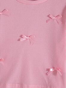 2pcs Girls Casual Outfits - Solid Color Bow Decor Short Sleeve Top And Bow Print Faux Denim Pattern Pants, Summer - Pink - View 5