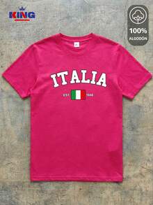 King T-shirt Playera 100% algodón de excelente calidad, esta playera garantiza una suavidad excepcional al tacto, cuello redondo con estampado "Italia Est. 1946 Flag" y manga corta - Rosa Fucsia-Est-Blanco - Ver 2
