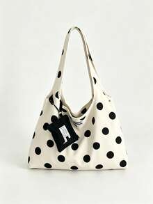 Retro Polka Dot Shoulder Bag, Contrasting Color Fashionable Korean Style Tote Bag, Casual Relaxed Commute & Daily Use Underarm Shoulder Bag, Fabric Bag - White - View 4