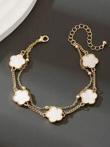 1pc Lucky 5-Leaf Clover Bracelet For Men, Casual & Date Wear Gift (No Gift Box, Random Number Of Beads On First Layer) - White - View 3