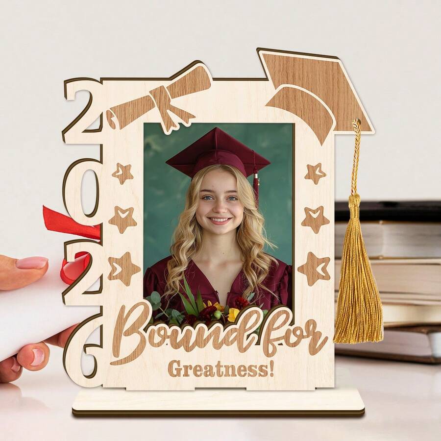 2026 Graduation Wooden Photo Frame With Tassel, 2D Laser Cut Tabletop Picture Frame, Bound For Greatness Grad Cap & Star Decor Photo Holder, Customizable Graduation Keepsake Frame, Senior Graduate Gift Ornament For High School College Students, Rustic Wood Desktop Display Frame For Graduation Party Home Bedroom Decor - 1PC - View 1