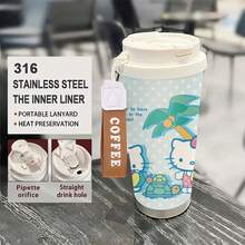 Miniso Sanrio Hello Kitty Sommer Strand Edelstahl isolierter Kaffeebecher mit Handgelenkband, auslaufsicherer Klapplid, Doppelfunktion Trinken & Strohhalm, & robuster Reisebecher für heiße/kalte Getränke - Verschiedenfarbig - Übersicht 2