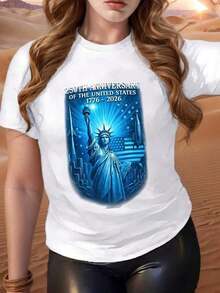 Camiseta Cultura Maya con diseño de la Estatua de la Libertad, brillo azul y texto de fondo con la bandera estadounidense, 250º aniversario de los Estados Unidos 1776 2026. Adecuada para uso casual, eventos patrióticos y celebraciones. Camisetas para mujer, camisetas de cuello redondo, camisetas del 250º aniversario de los Estados Unidos, camisetas del Día de la Independencia, camisetas de equipo, camisetas con estampado gráfico. Tejido de algodón puro de baja elasticidad, cómoda de llevar. Camisetas de manga corta, camisetas casuales para uso diario al aire libre. La mejor opción para regalos (tallas S-5XL). Camiseta Algodón - Negro - Ver 6