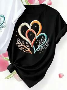 Women's 100% Cotton T-Shirt - Casual Short-Sleeved Crew Neck T-Shirt With A Heart-Shaped Coral Print For Spring And Summer. This Urban-Friendly, Breathable T-Shirt Is Suitable For The Beach, Office, And Everyday Casual Wear, And Can Be Worn Year-Round. Perfect For Layering In Spring And Autumn Or As A Standalone Piece In Summer. Unisex Style, Suitable For Brides. High-Quality, Fashionable Cotton T-Shirt. - 黑 - 查看 12