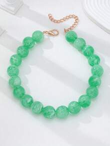 1/2pcs Green Marble Pattern Beads Women's Exaggerated Necklace, Flat And Round Resin Beads Necklace, Chunky Collar Exaggerated Jewelry - Multicolor - View 9