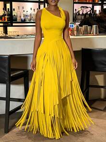 Summer Dresses For WomenWomen's Solid Fringe Maxi Dress, Sexy Bodycon Party Cocktail Dress For Summerdresses For Women - 黃色 - 查看 1