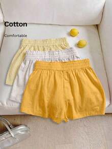 LUNE 3 pares de shorts casuales de mujer con cintura elástica, en blanco de algodón, beige de lino y a rayas en blanco y negro, de tela cómoda para uso casual diario, para primavera/verano - Amarillo - Ver 1