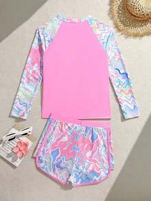 Conjunto de traje de baño de manga larga con estampado tropical para adolescentes, traje de baño de manga larga, bañador con camiseta de protección solar para niñas, trajes de baño con cobertura completa para mujer, bañador de manga larga para adole - Rosa 2 - Ver 2